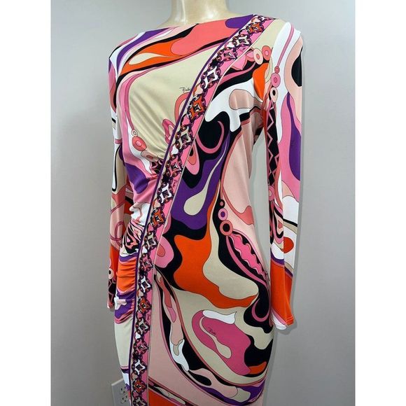 EMILIO PUCCI Pink Abstract Print Long Sleeve Knee Length Jersey Dress Size 10 - Picture 6 of 10